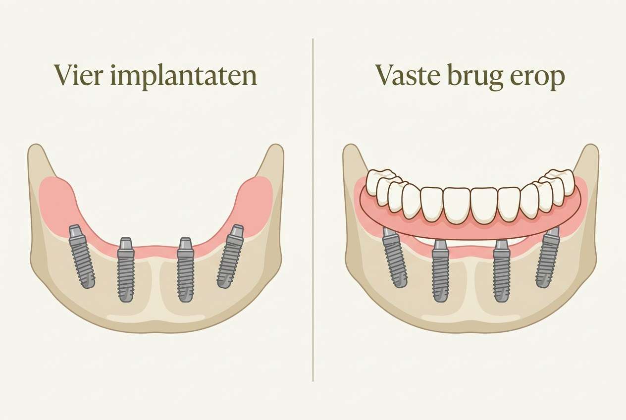 Illustratie van vier implantaten in de kaak en een vaste brug erop